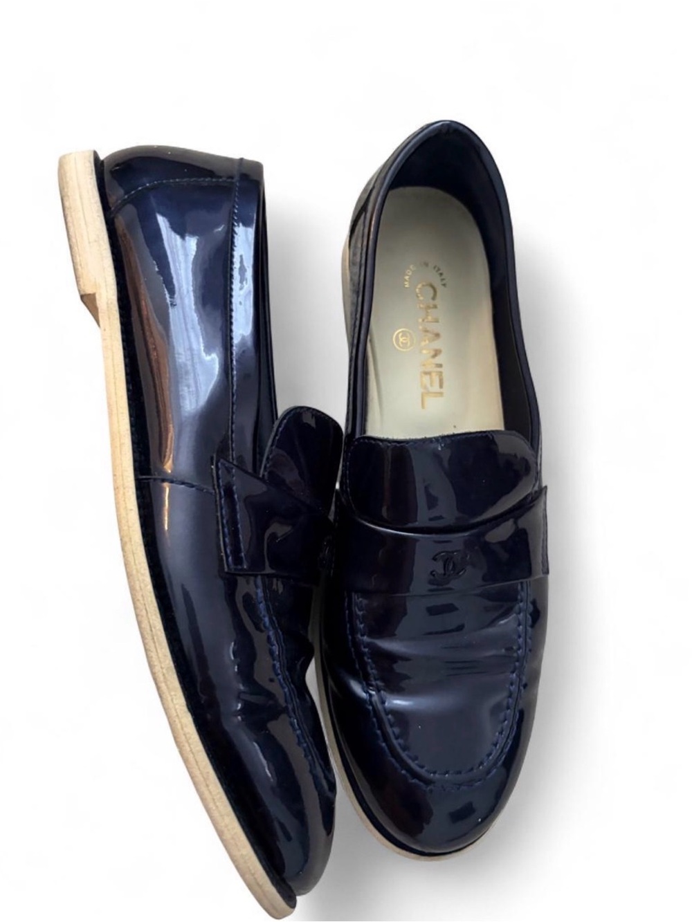 CHANEL Patent Navy Blue Loafers